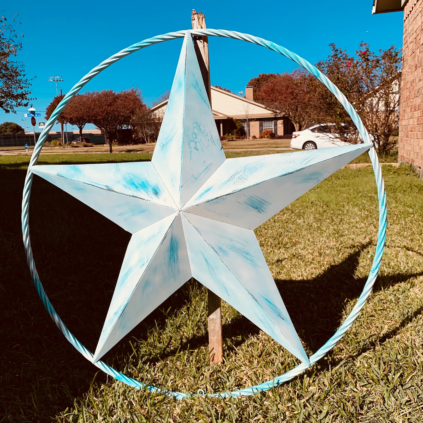 #EH11219 TURQUOISE WHITE DISTRESSED STAR TWO TONE TEXTURE BARN STAR METAL LONESTAR TWISTED ROPE RING WESTERN HOME DECOR HANDMADE NEW