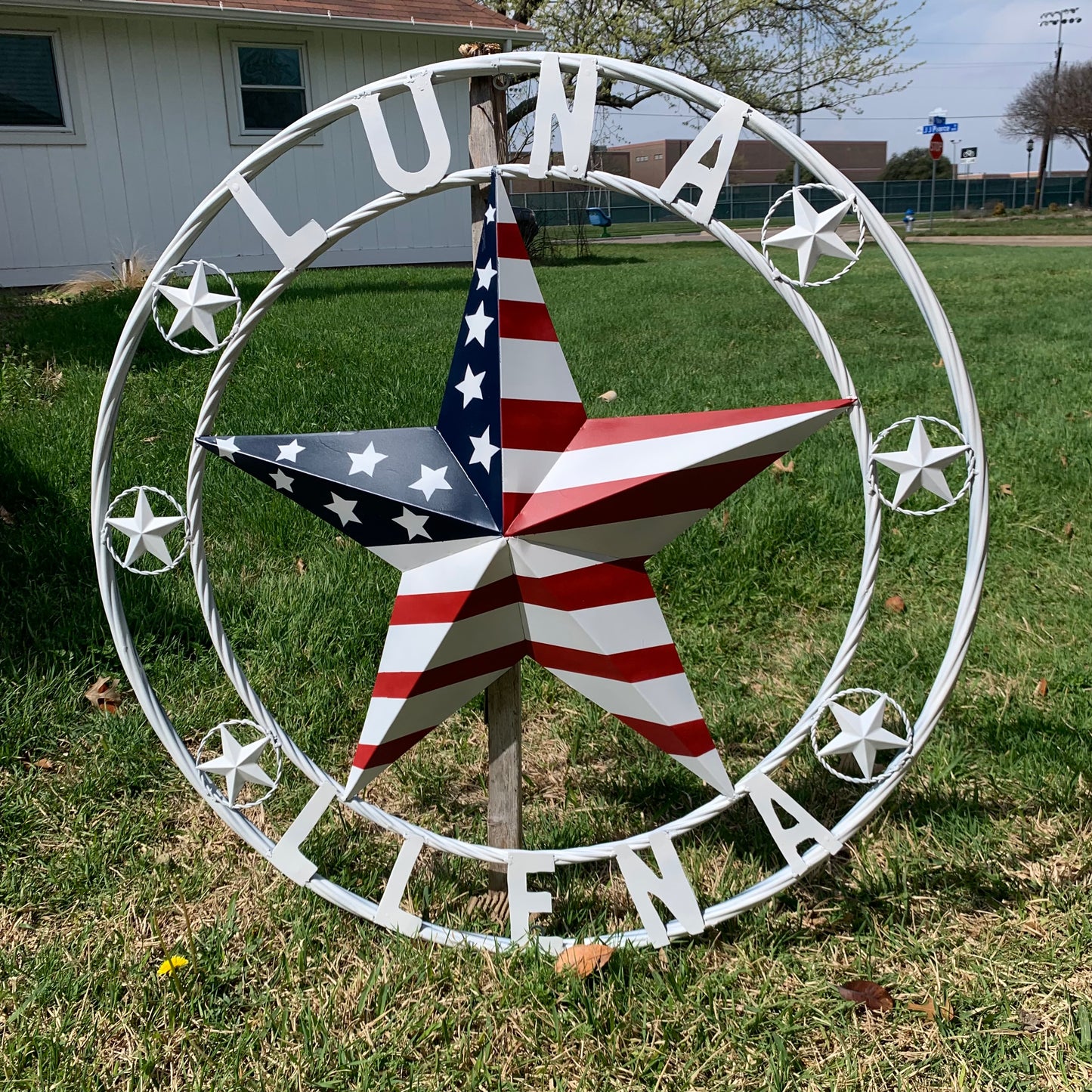 LUNA STYLE CUSTOM NAME BARN STAR METAL STAR 3d TWISTED ROPE RING WESTERN HOME DECOR USA FLAG STAR RED WHOTE & BLUE WITH WHITE RING HANDMADE 24",32",36",50"