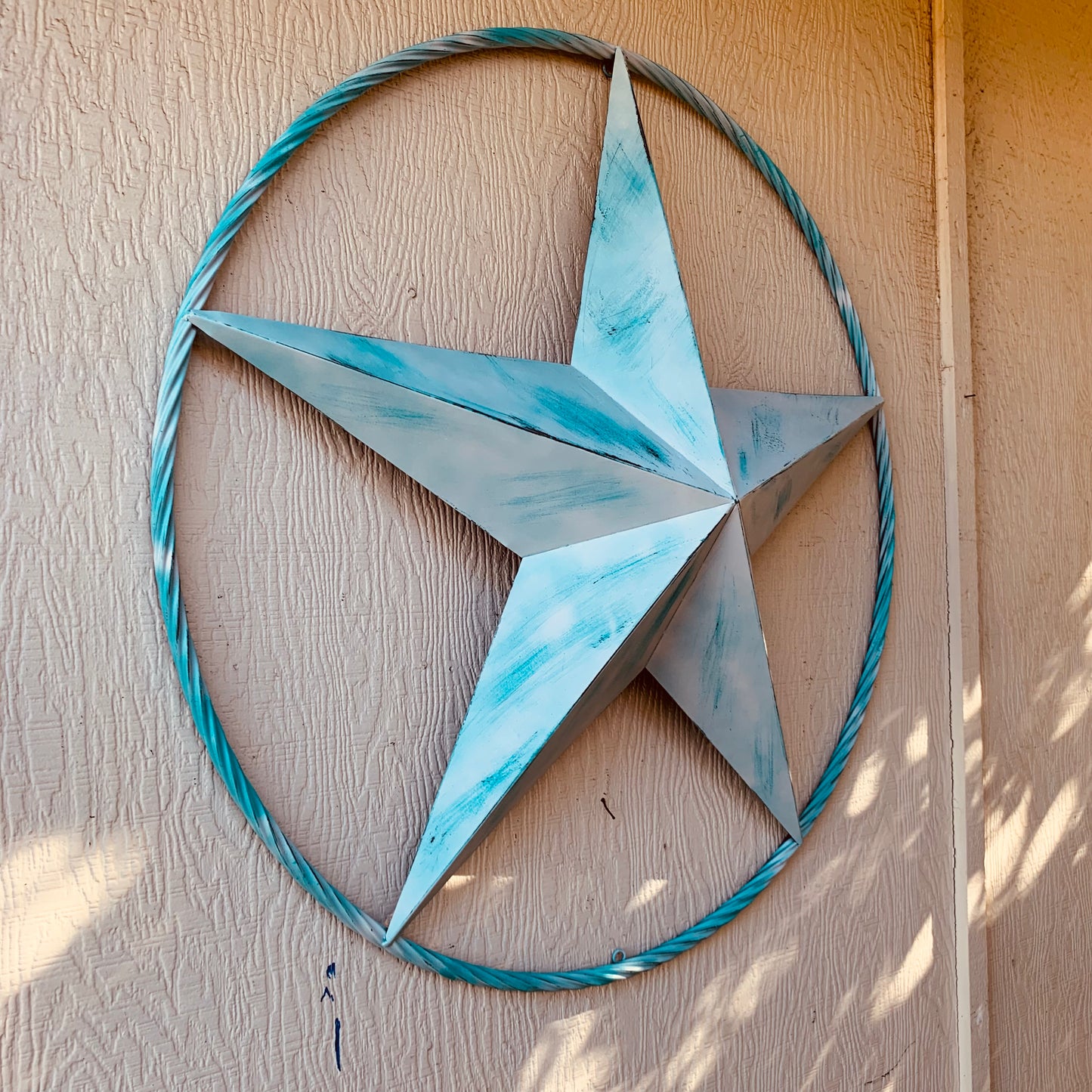 #EH11219 TURQUOISE WHITE DISTRESSED STAR TWO TONE TEXTURE BARN STAR METAL LONESTAR TWISTED ROPE RING WESTERN HOME DECOR HANDMADE NEW