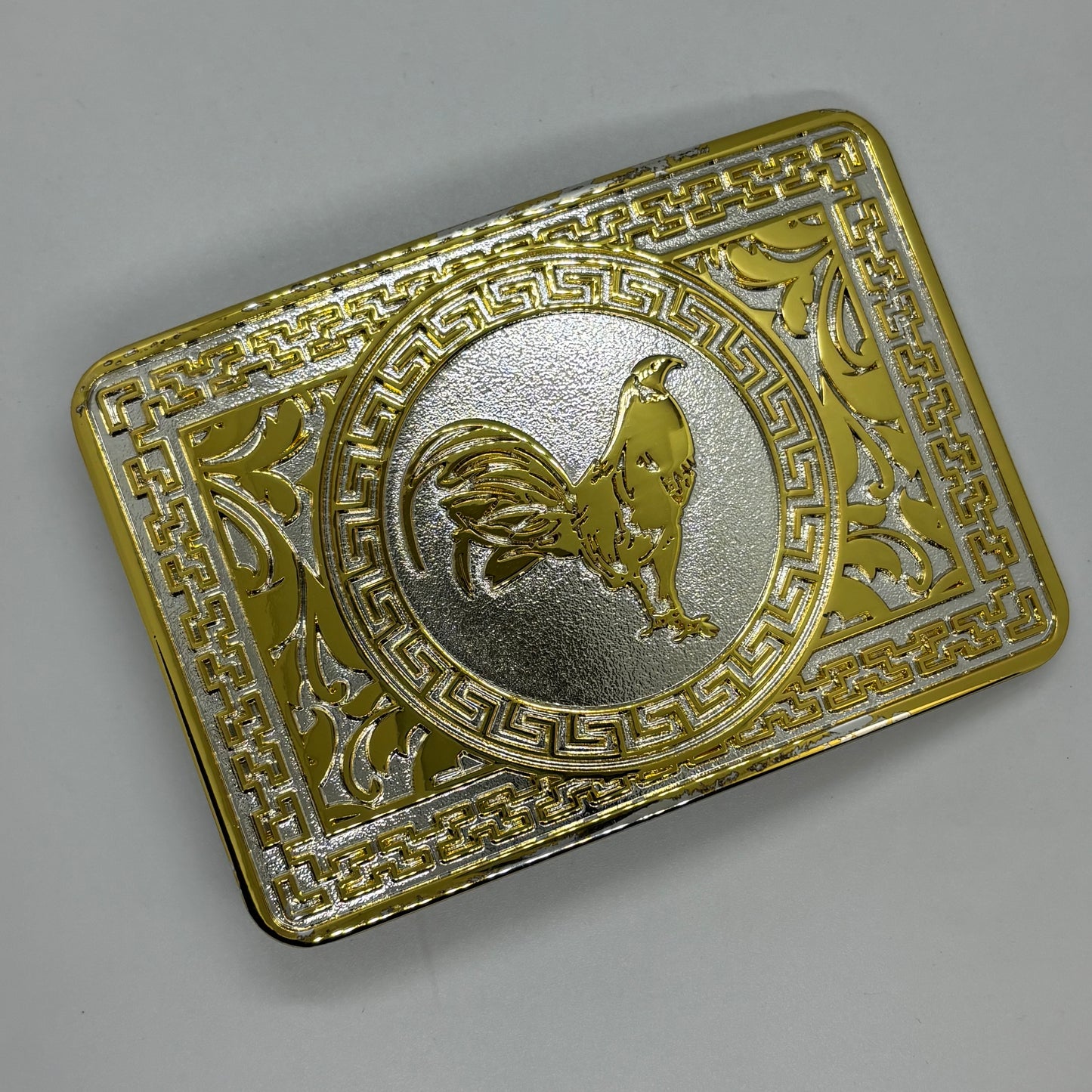 ROOSTER BELT BUCKLE GOLD WHITE WESTERN METAL BUCKLE FASHION ART 4.5" X 3.5"  #EH13237