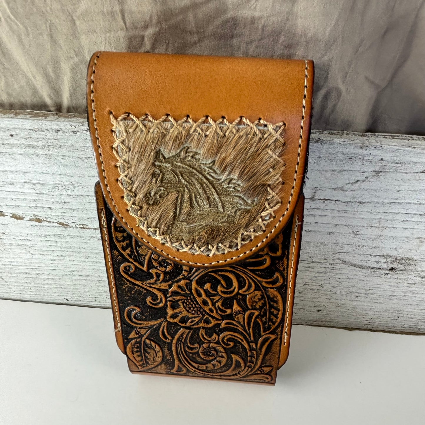 7" HORSE LEATHER HOLSTER TAN POUCH EXTRA LARGE  BELT LOOP CELL PHONE CASE UNIVERSAL OVERSIZE #EH13323