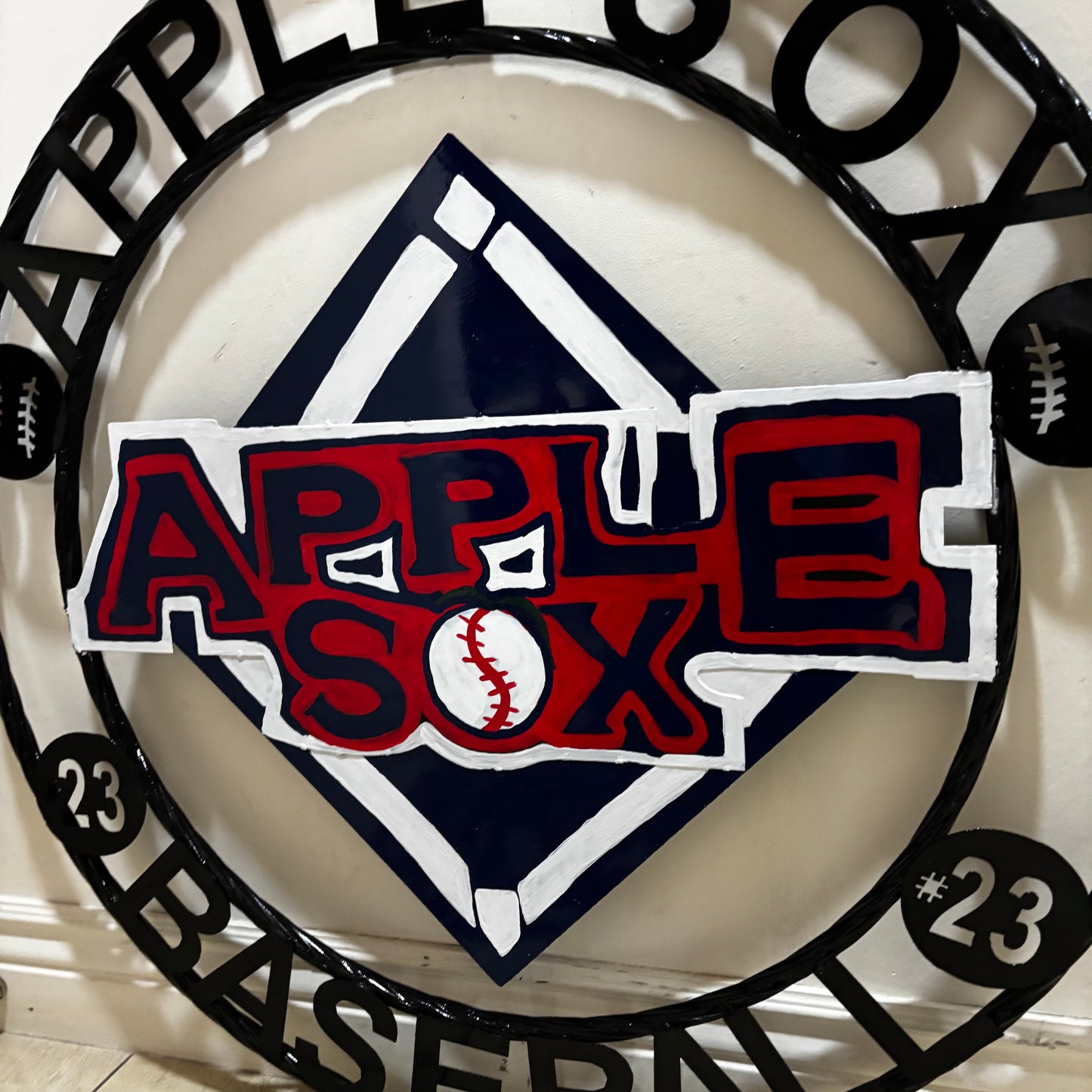 APPLE SOX BASEBALL CUSTOM METAL VINTAGE CRAFT SIGN TEAM NAVY BLUE WHITE RED HANDMADE