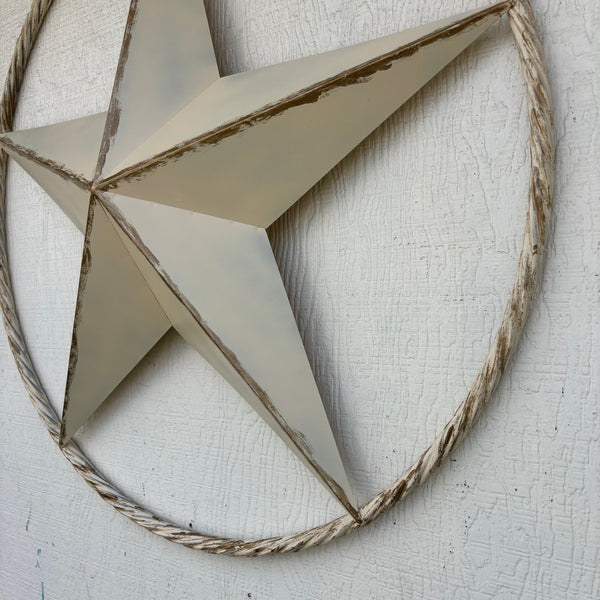 DISTRESSED IVORY WHITE ANTIQUE STAR TWIST ROPE RING METAL WALL ART WESTERN HOME DECOR HANDMADE #EH13132