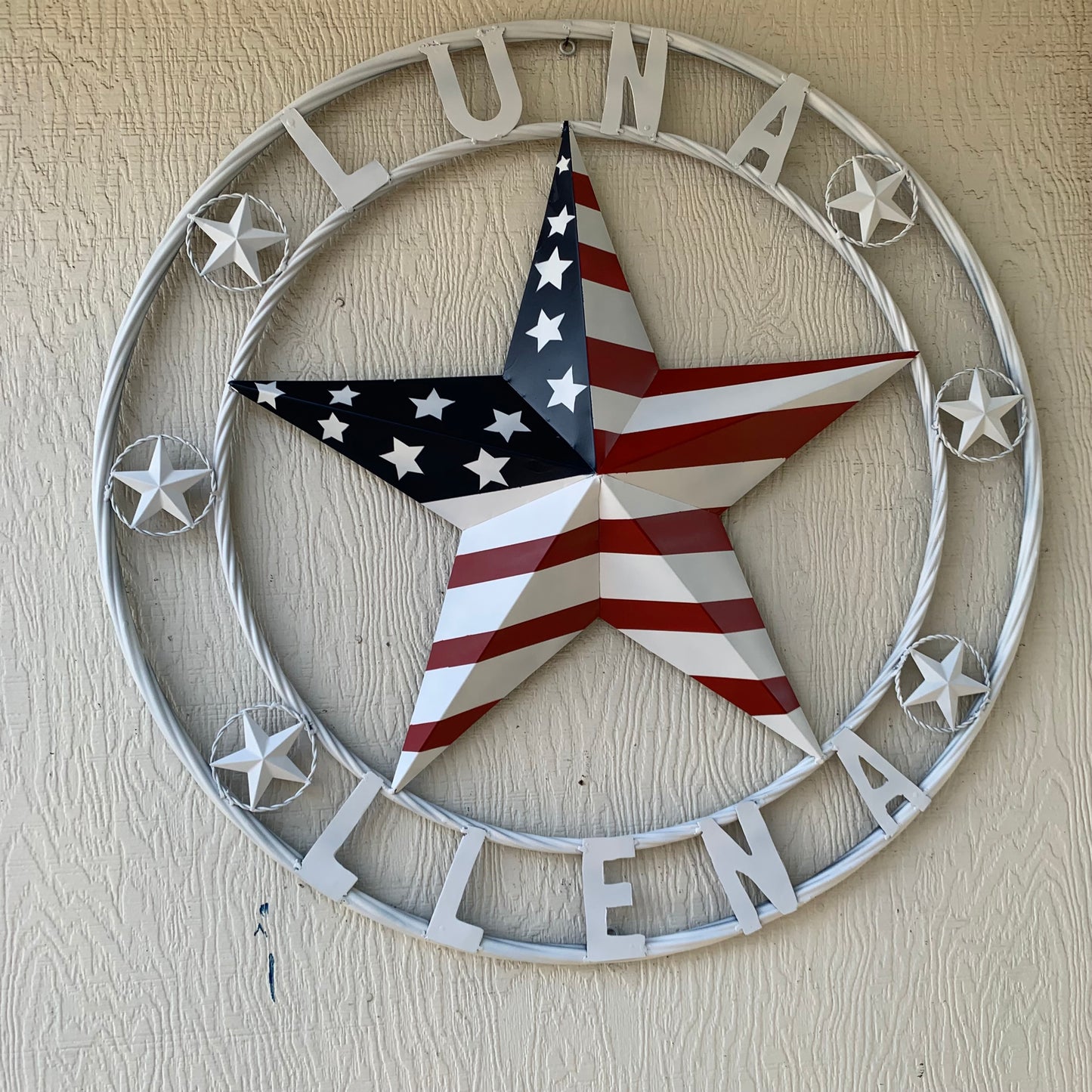 LUNA STYLE CUSTOM NAME BARN STAR METAL STAR 3d TWISTED ROPE RING WESTERN HOME DECOR USA FLAG STAR RED WHOTE & BLUE WITH WHITE RING HANDMADE 24",32",36",50"