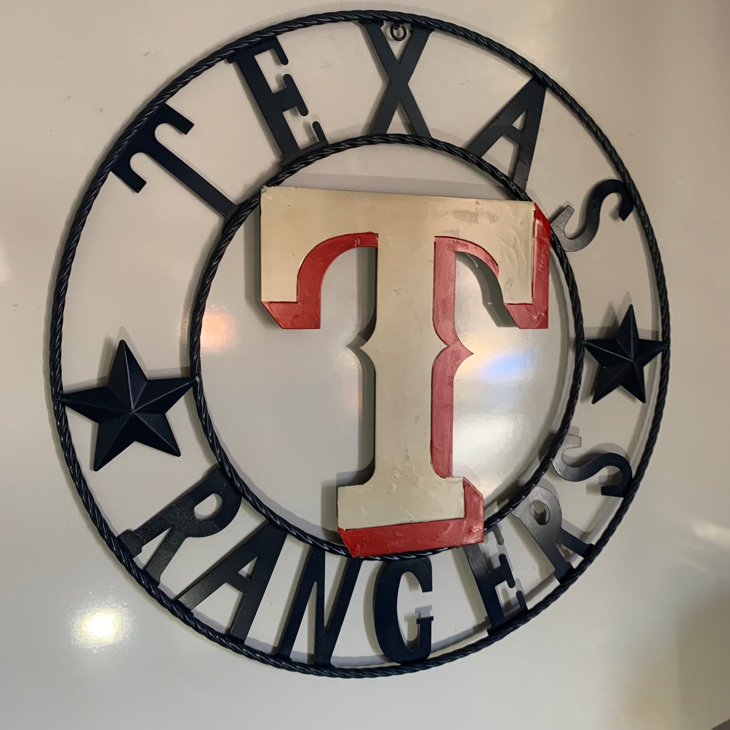 12", 18", 24", 32" TEXAS RANGERS BARN CUSTOM METAL VINTAGE CRAFT SIGN TEAM  WHITE & RED & NAVY BLUE RING & STAR HANDMADE