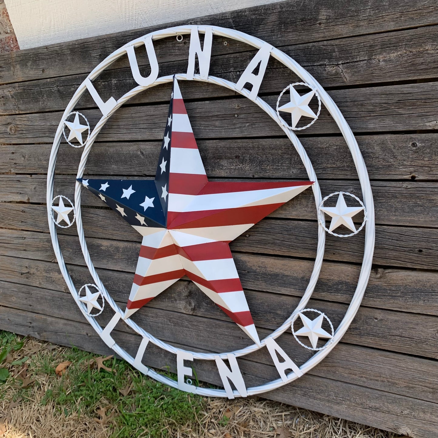 LUNA STYLE CUSTOM NAME BARN STAR METAL STAR 3d TWISTED ROPE RING WESTERN HOME DECOR USA FLAG STAR RED WHOTE & BLUE WITH WHITE RING HANDMADE 24",32",36",50"