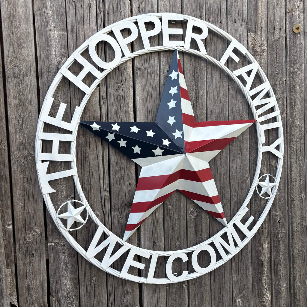 HOPPER STYLE YOUR CUSTOM NAME STAR METAL BARN 3d RED WHITE BLUE USA FLAG WITH WHITE TWIST ROPE RING WESTERN HOME DECOR HANDMADE, 24",36",40"