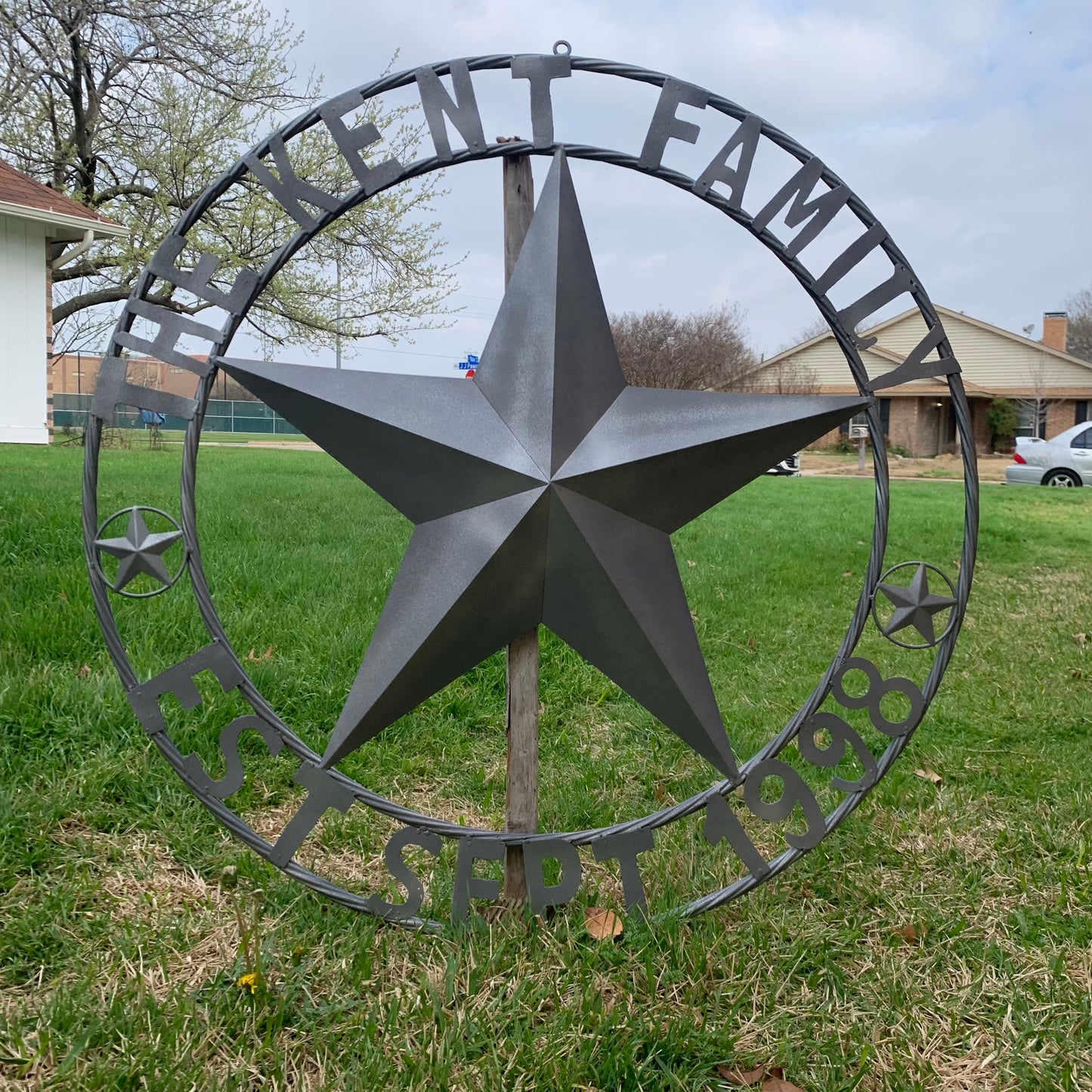KENT STYLE CUSTOM STAR NAME BARN METAL STAR 3d TWISTED ROPE RING WESTERN HOME DECOR RUSTIC GREY SILVER HANDMADE 24",32",36",50"
