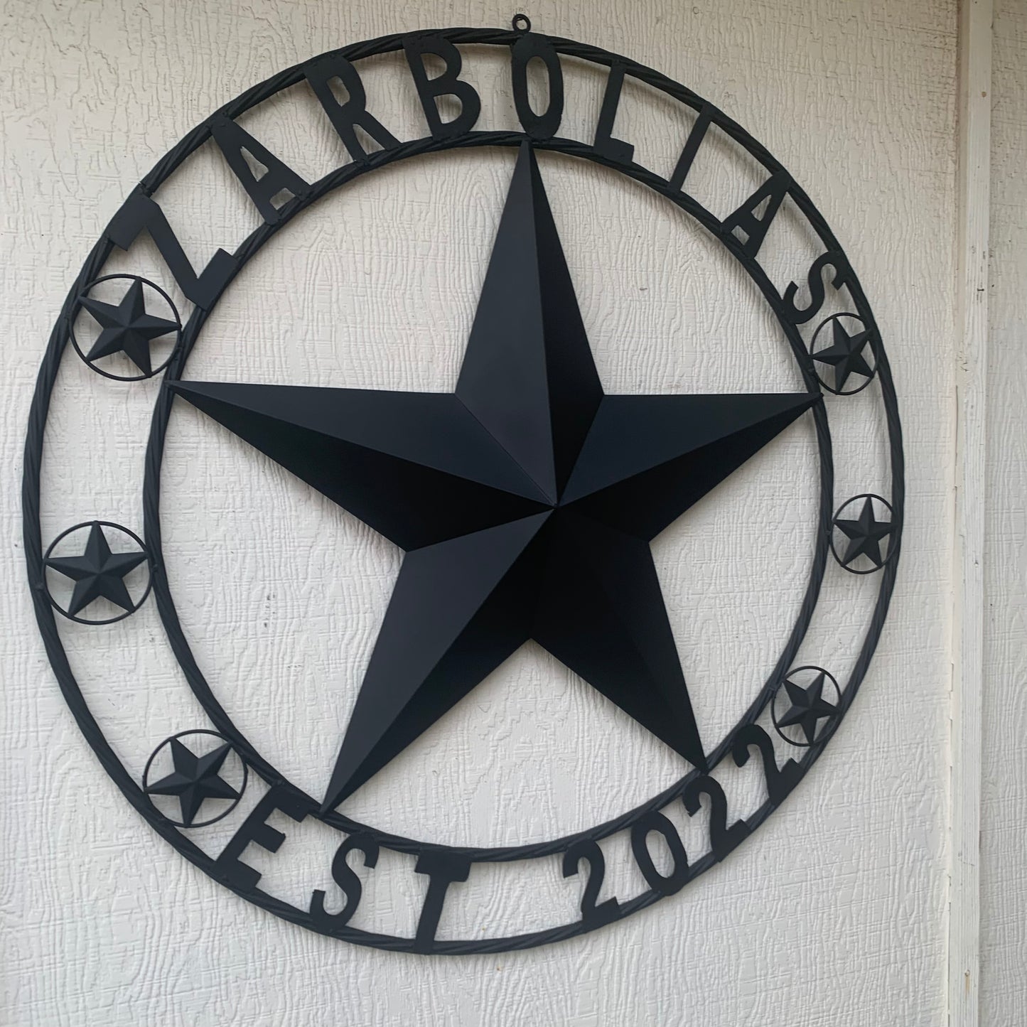 ZARBOLIAS STYLE CUSTOM NAME STAR BARN METAL STAR 3d TWISTED ROPE RING WESTERN HOME DECOR RUSTIC BLACK HANDMADE 24",32",36",50"