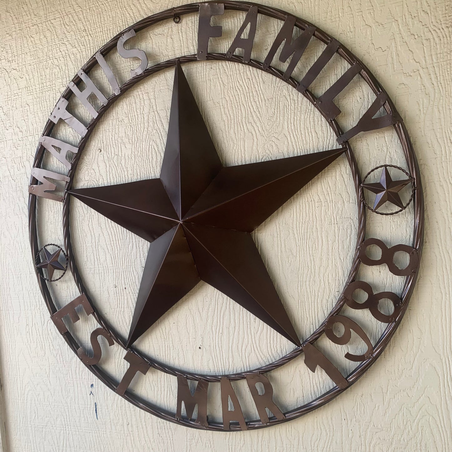 MATHIS STYLE CUSTOM NAME STAR BARN STAR 3d METAL LONESTAR TWISTED ROPE RING WESTERN HOME DECOR RUSTIC BRONZE COPPER HANDMADE 24",32",36",50"