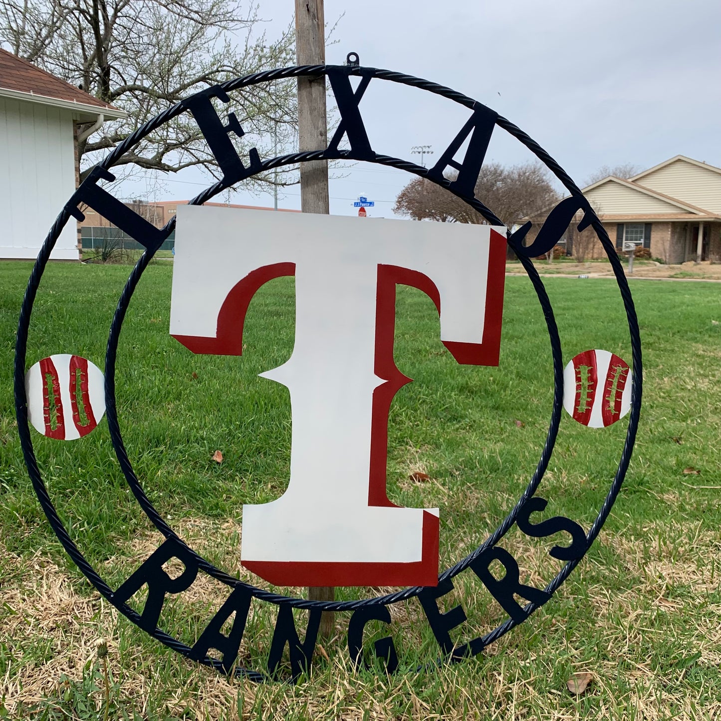 TEXAS RANGERS CUSTOM METAL VINTAGE CRAFT TEAM SIGN WHITE & RED & NAVY BLUE RING HANDMADE