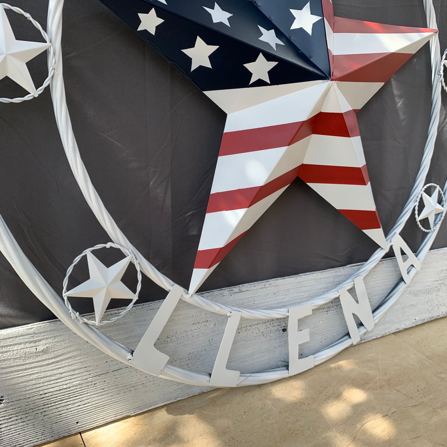 LUNA STYLE CUSTOM NAME BARN STAR METAL STAR 3d TWISTED ROPE RING WESTERN HOME DECOR USA FLAG STAR RED WHOTE & BLUE WITH WHITE RING HANDMADE 24",32",36",50"