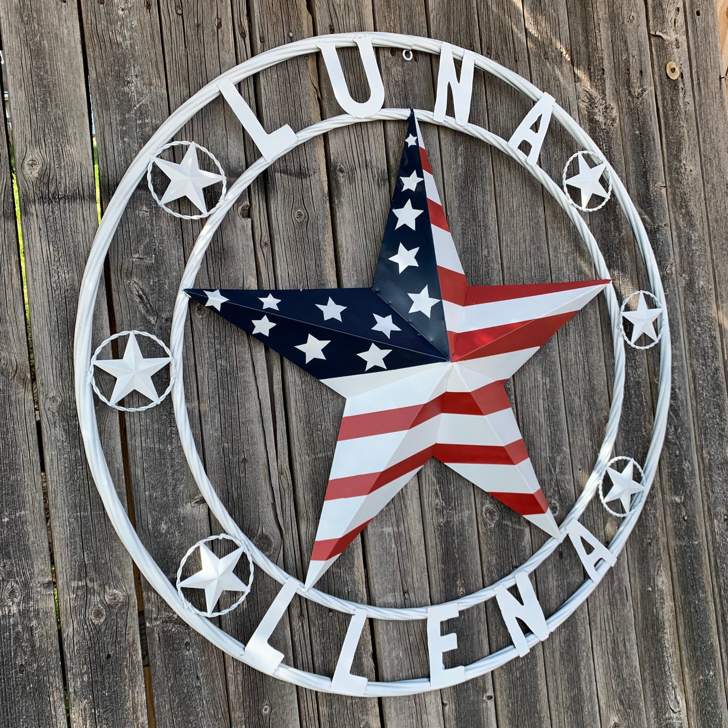 LUNA STYLE CUSTOM NAME BARN STAR METAL STAR 3d TWISTED ROPE RING WESTERN HOME DECOR USA FLAG STAR RED WHOTE & BLUE WITH WHITE RING HANDMADE 24",32",36",50"