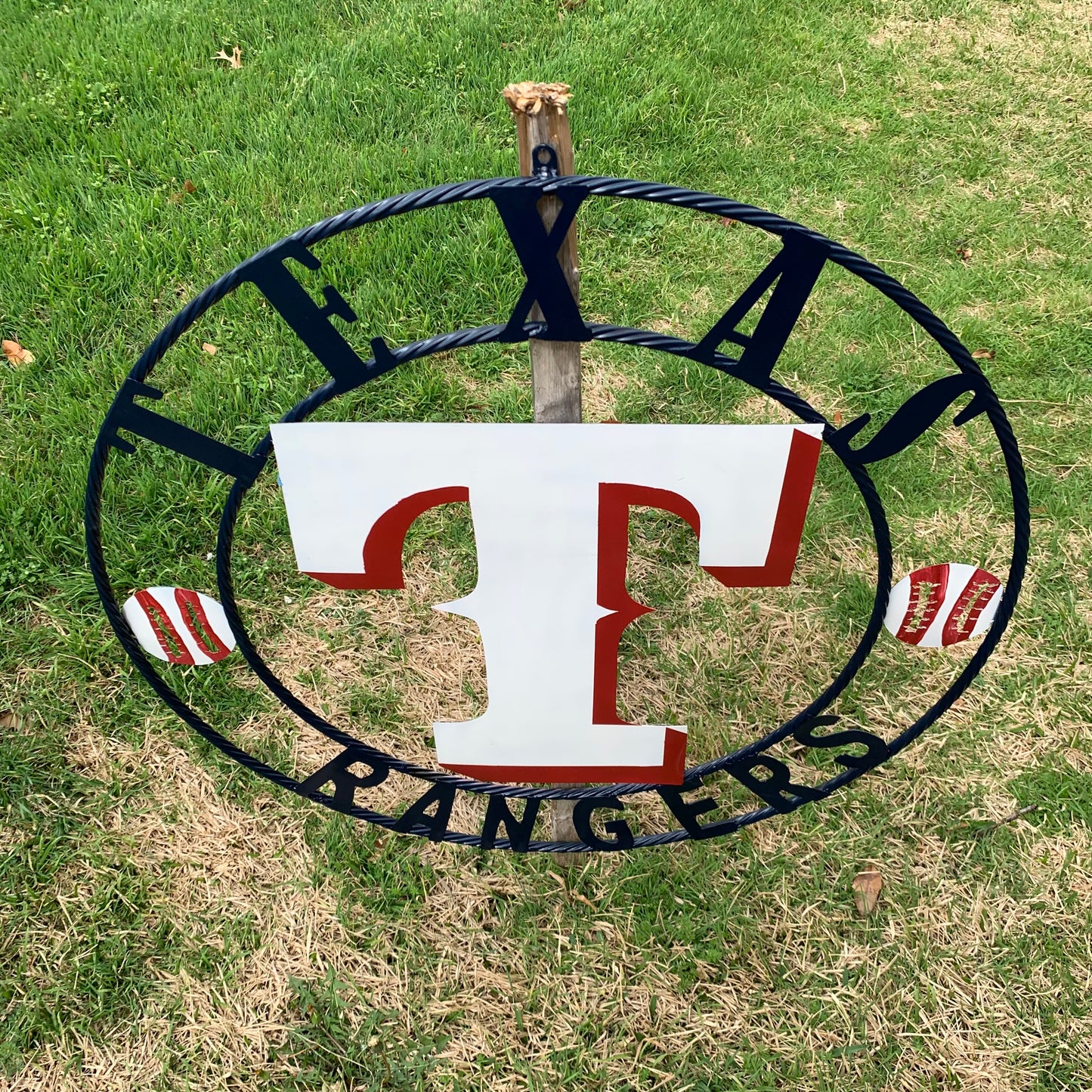 TEXAS RANGERS CUSTOM METAL VINTAGE CRAFT TEAM SIGN WHITE & RED & NAVY BLUE RING HANDMADE