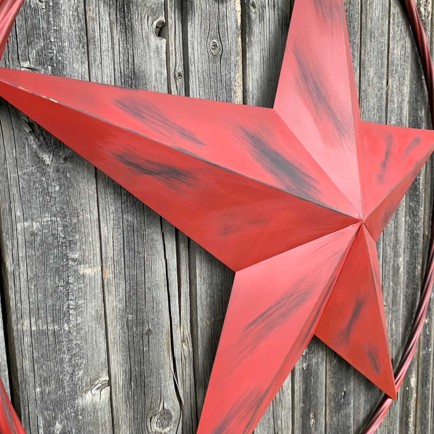 RED DISTRESSED STAR TWO TONE TEXTURE BARN STAR METAL LONESTAR TWISTED ROPE RING WESTERN HOME DECOR HANDMADE NEW #EH12958