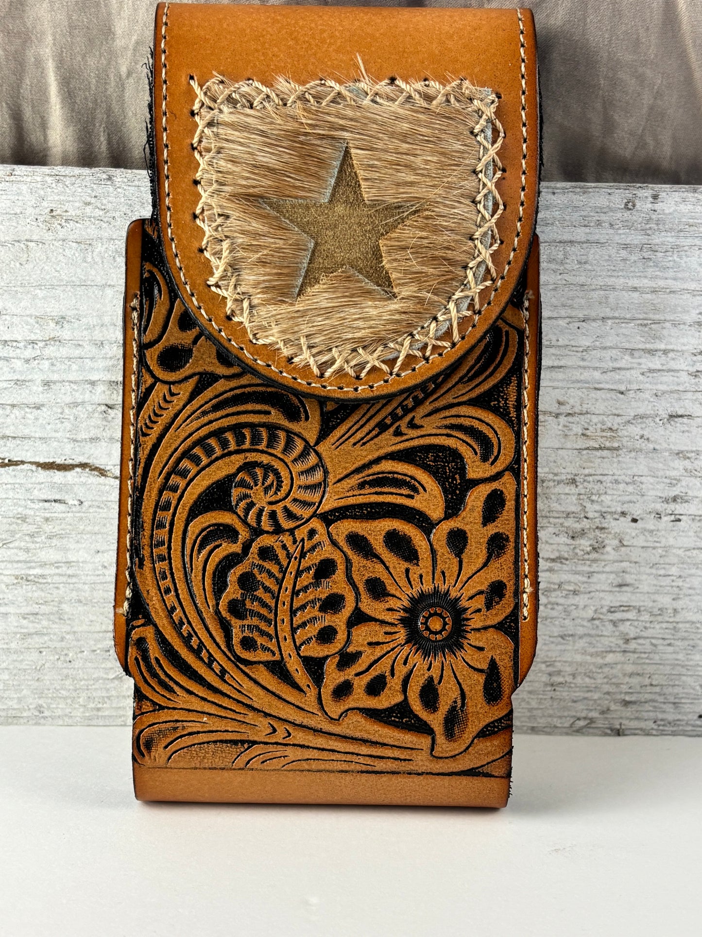 7" STAR LEATHER HOLSTER TAN BROWN STAR POUCH EXTRA LARGE  BELT LOOP CELL PHONE CASE UNIVERSAL OVERSIZE #EH13320