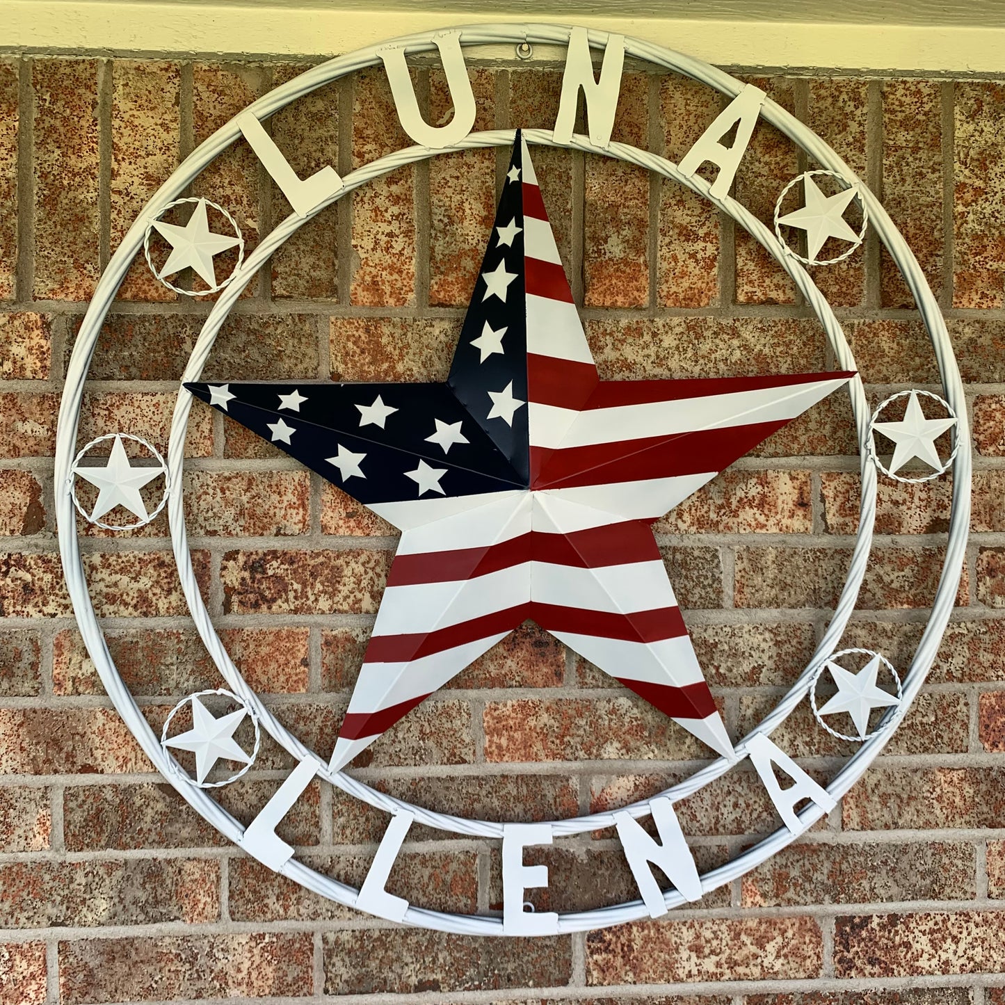 LUNA STYLE CUSTOM NAME BARN STAR METAL STAR 3d TWISTED ROPE RING WESTERN HOME DECOR USA FLAG STAR RED WHOTE & BLUE WITH WHITE RING HANDMADE 24",32",36",50"