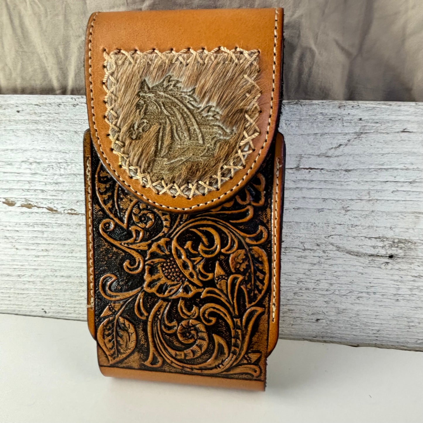 7" HORSE LEATHER HOLSTER TAN POUCH EXTRA LARGE  BELT LOOP CELL PHONE CASE UNIVERSAL OVERSIZE #EH13323
