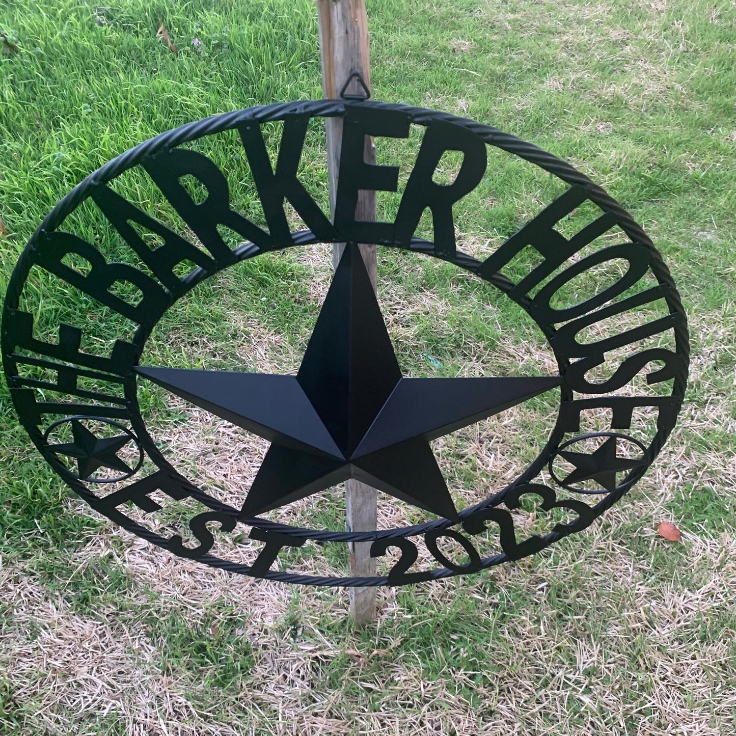 BARKER STYLE CUSTOM NAME STAR BARN METAL STAR 3d TWISTED ROPE RING LONESTAR WESTERN HOME DECOR RUSTIC BLACK HANDMADE 24",32",36",50"