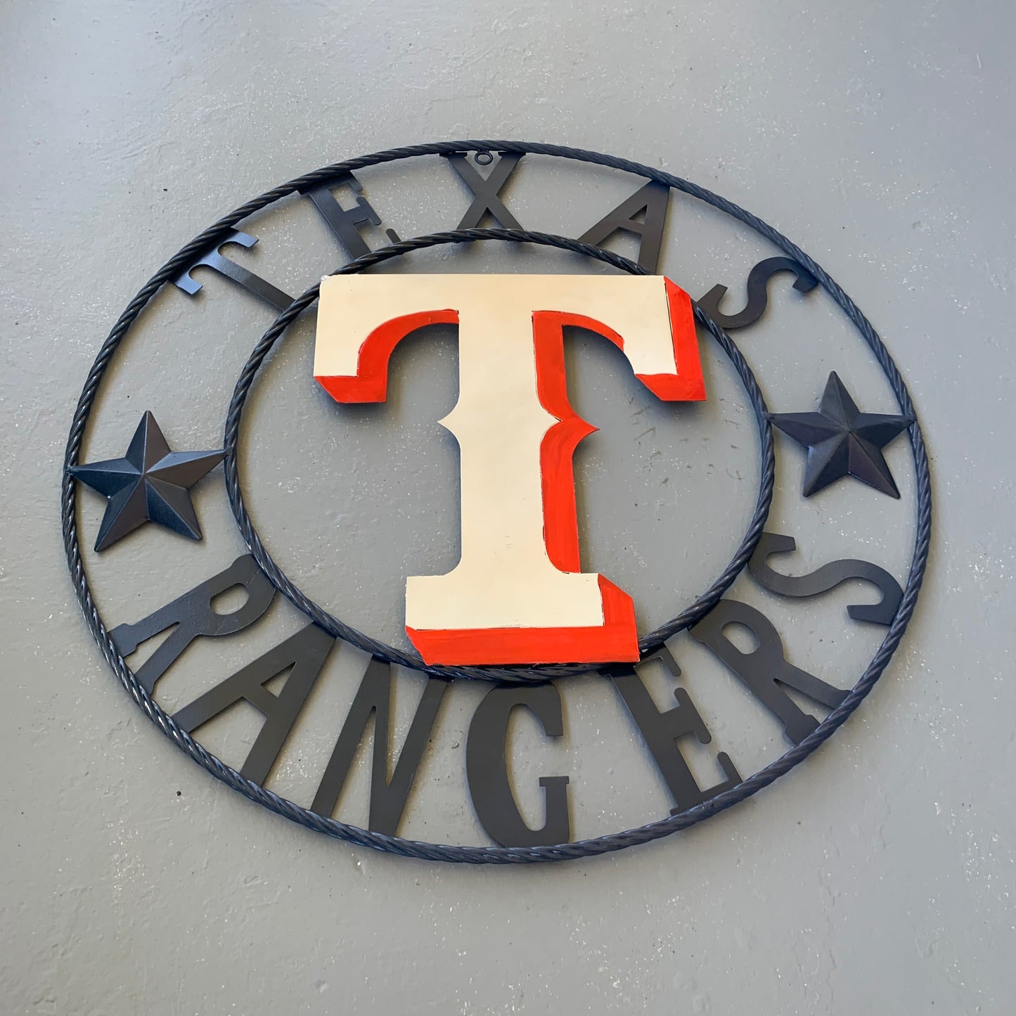 12", 18", 24", 32" TEXAS RANGERS BARN CUSTOM METAL VINTAGE CRAFT SIGN TEAM  WHITE & RED & NAVY BLUE RING & STAR HANDMADE