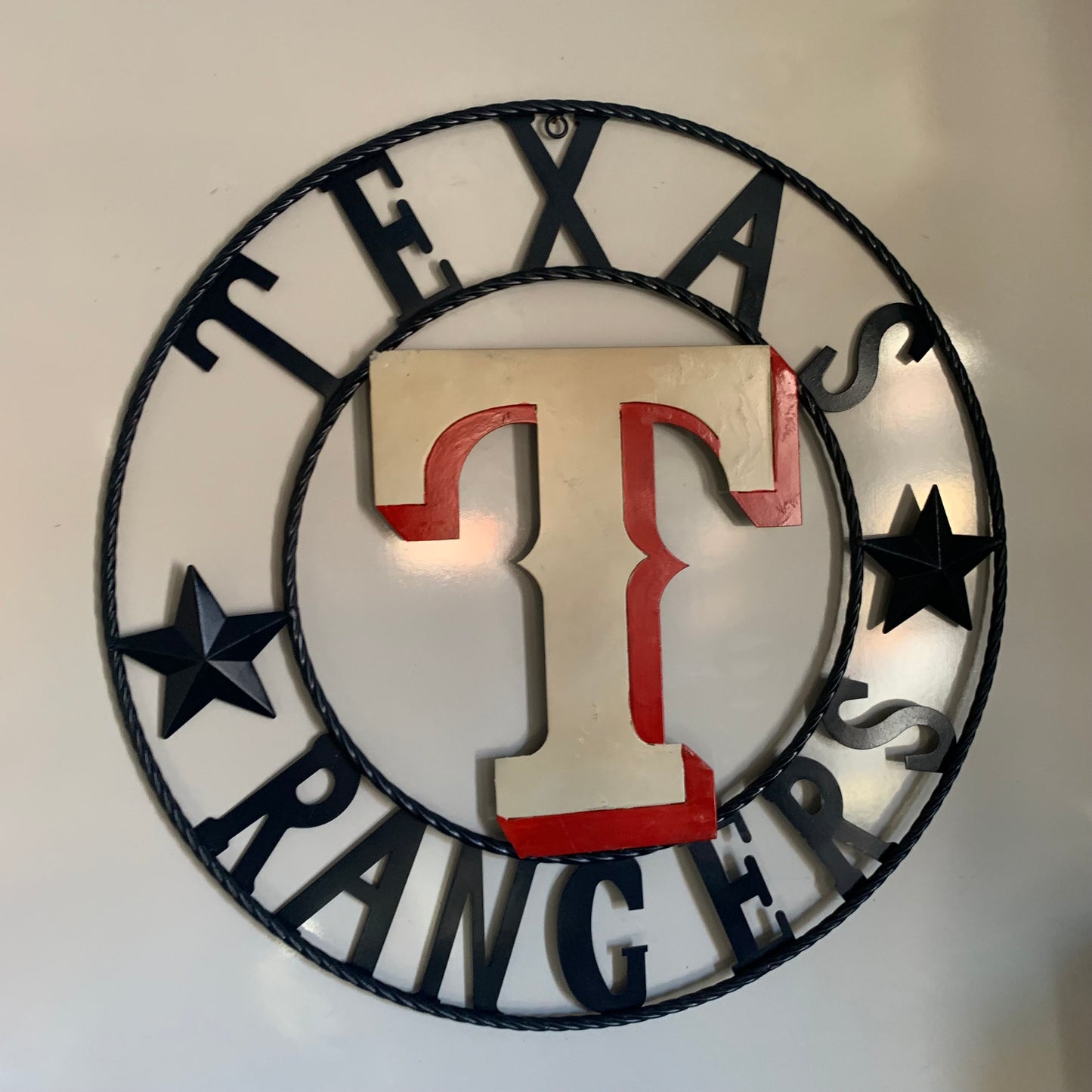 12", 18", 24", 32" TEXAS RANGERS BARN CUSTOM METAL VINTAGE CRAFT SIGN TEAM  WHITE & RED & NAVY BLUE RING & STAR HANDMADE