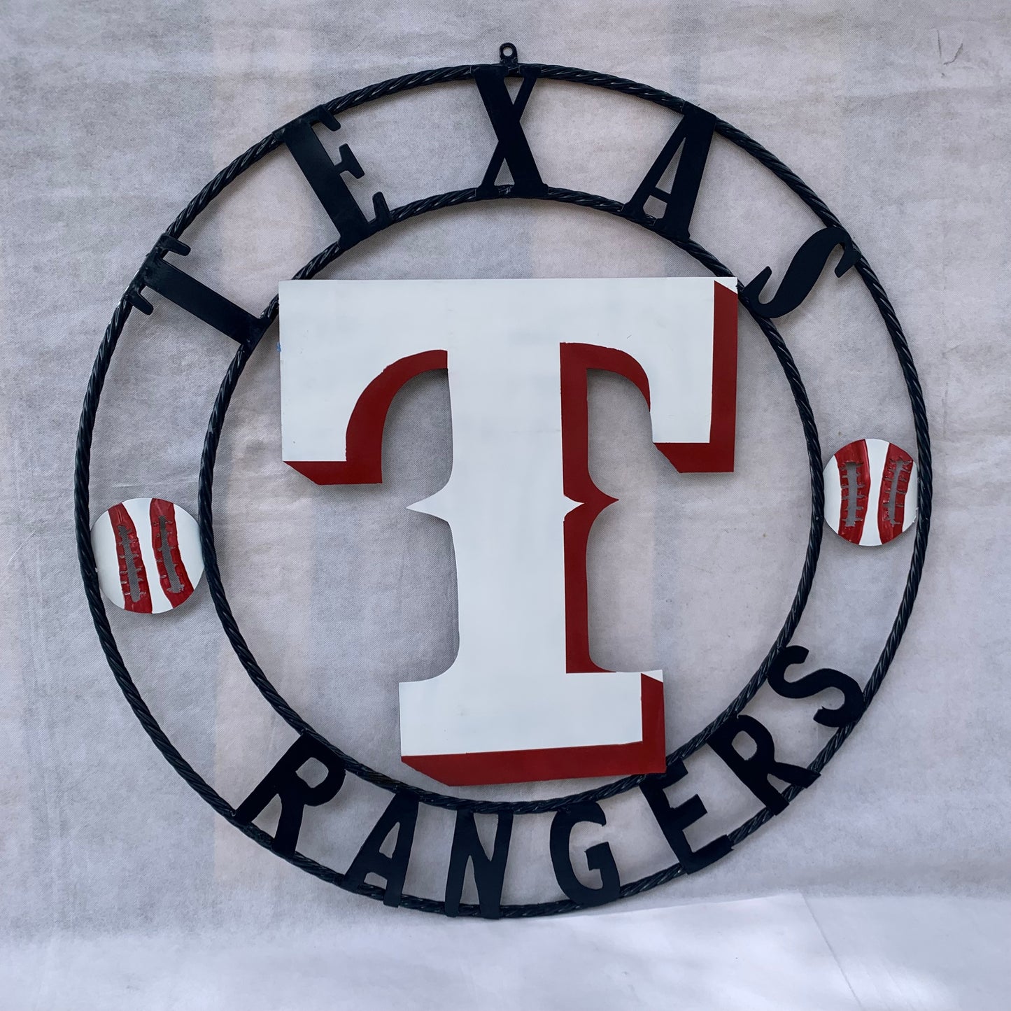 TEXAS RANGERS CUSTOM METAL VINTAGE CRAFT TEAM SIGN WHITE & RED & NAVY BLUE RING HANDMADE