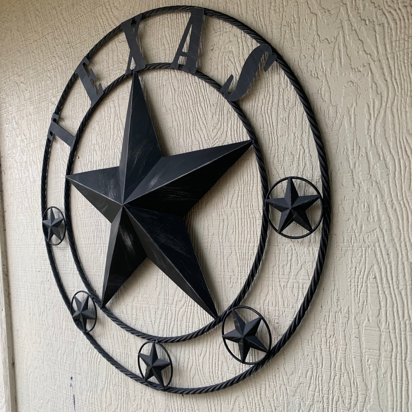 TEXAS BLACK DISTRESSED STAR TWO TONE TEXTURE BARN STAR METAL LONESTAR TWISTED ROPE RING WESTERN HOME DECOR HANDMADE NEW