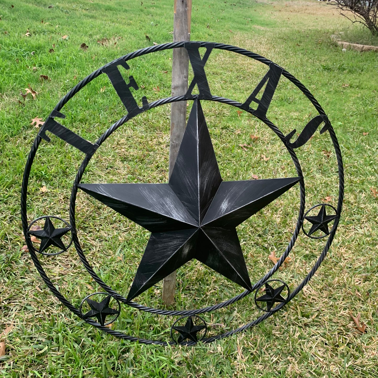 TEXAS BLACK DISTRESSED STAR TWO TONE TEXTURE BARN STAR METAL LONESTAR TWISTED ROPE RING WESTERN HOME DECOR HANDMADE NEW