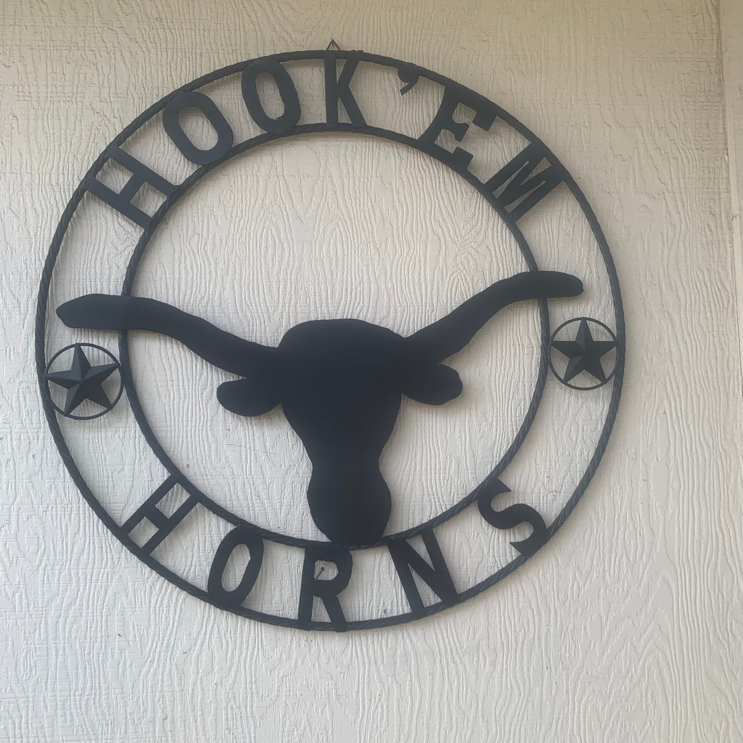 HOOKEM HORNS WITH LONE STAR TEXAS LONGHORNS HOOK EM BLACK METAL CUSTOM VINTAGE CRAFT WALL ART TEAM SIGN HANDMADE
