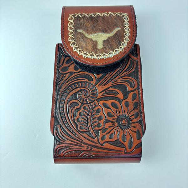 7" LONGHORNS LEATHER HOLSTER BROWN POUCH EXTRA LARGE  BELT LOOP CELL PHONE CASE UNIVERSAL OVERSIZE