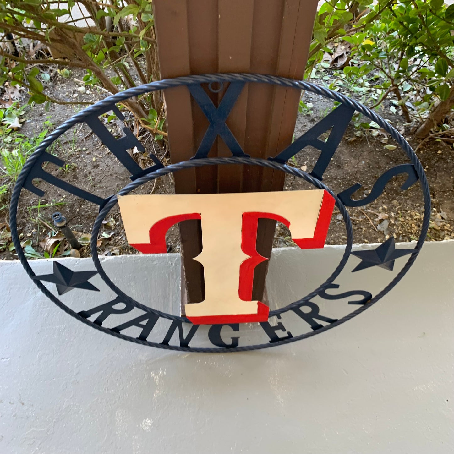 12", 18", 24", 32" TEXAS RANGERS BARN CUSTOM METAL VINTAGE CRAFT SIGN TEAM  WHITE & RED & NAVY BLUE RING & STAR HANDMADE