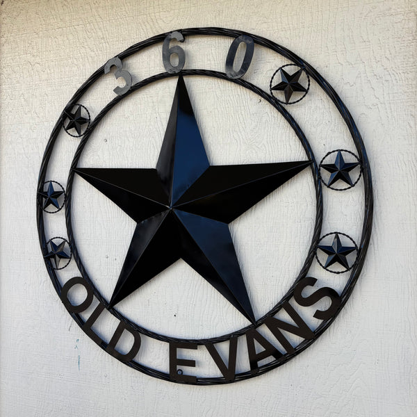 360 OLD EVANS STYLE CUSTOM STAR NAME BARN METAL STAR 3d TWISTED ROPE RING WESTERN HOME DECOR RUSTIC BLACK HANDMADE 24",32",36",50"