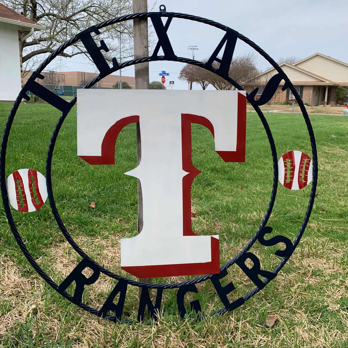 TEXAS RANGERS CUSTOM METAL VINTAGE CRAFT TEAM SIGN WHITE & RED & NAVY BLUE RING HANDMADE