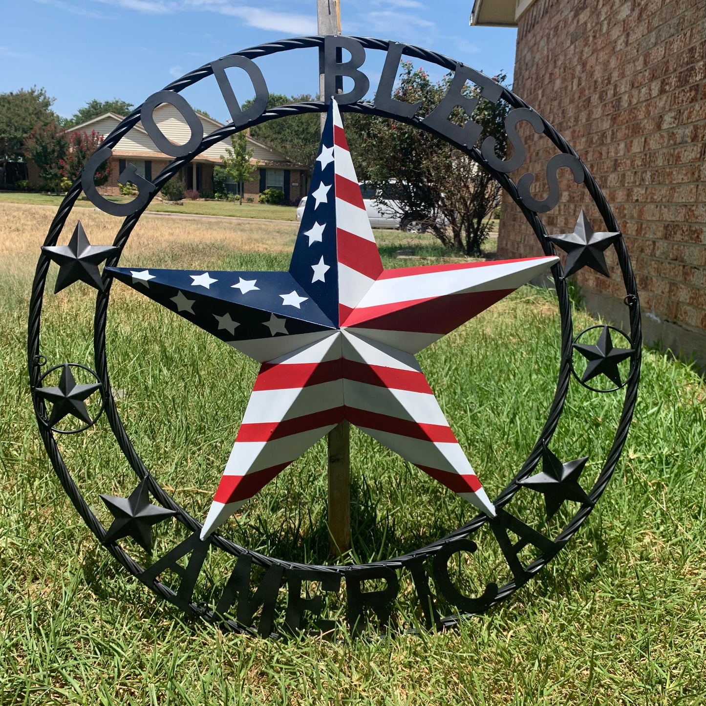 GOD BLESS AMERICA USA FLAG 3d STAR METAL BARN STAR BLACK TWISTED ROPE RING WALL ART WESTERN HOME DECOR RED WHITE & BLUE HANDMADE NEW #EH10490