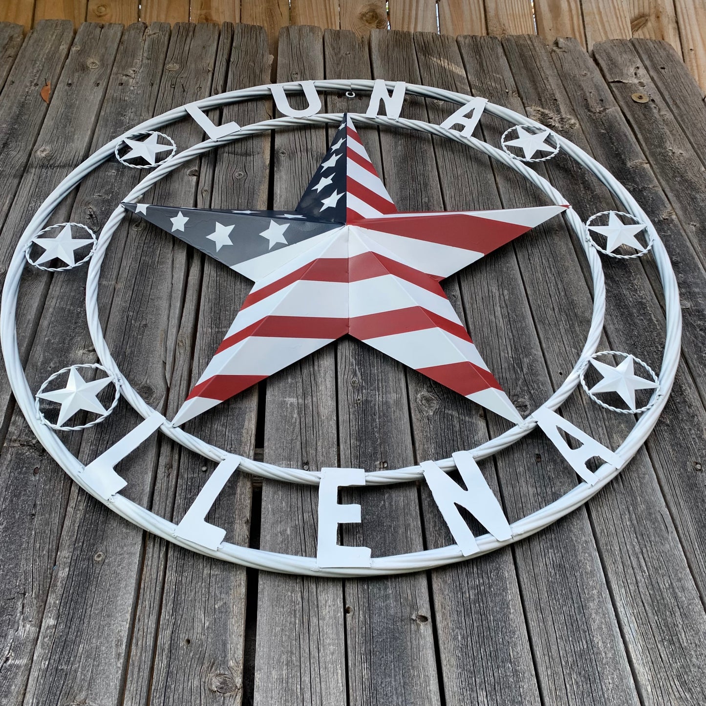 LUNA STYLE CUSTOM NAME BARN STAR METAL STAR 3d TWISTED ROPE RING WESTERN HOME DECOR USA FLAG STAR RED WHOTE & BLUE WITH WHITE RING HANDMADE 24",32",36",50"
