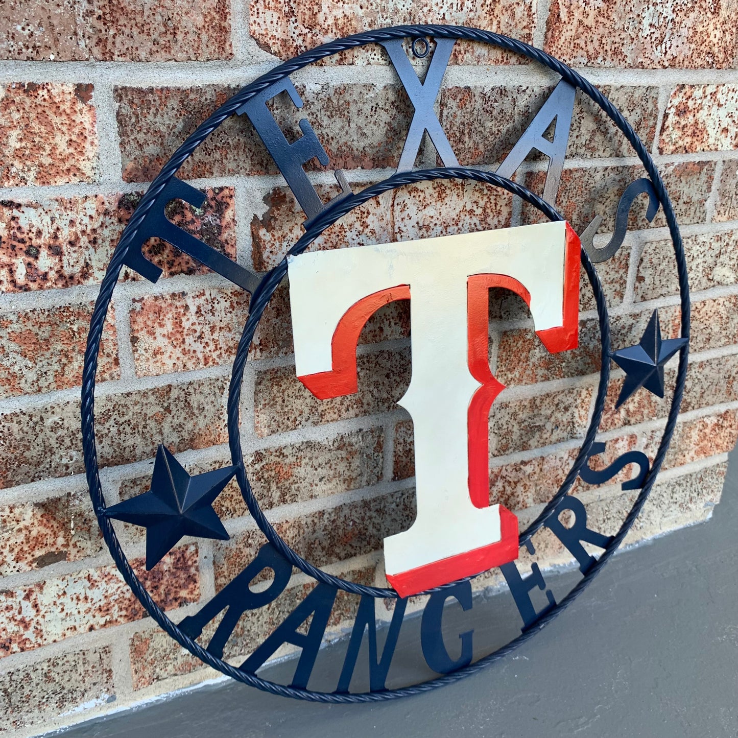 12", 18", 24", 32" TEXAS RANGERS BARN CUSTOM METAL VINTAGE CRAFT SIGN TEAM  WHITE & RED & NAVY BLUE RING & STAR HANDMADE
