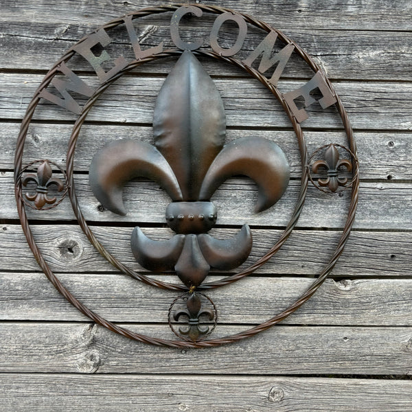 24" WELCOME FLEUR DE LIS METAL WALL ART WESTERN HOME DECOR BROWN NEW #EH11997