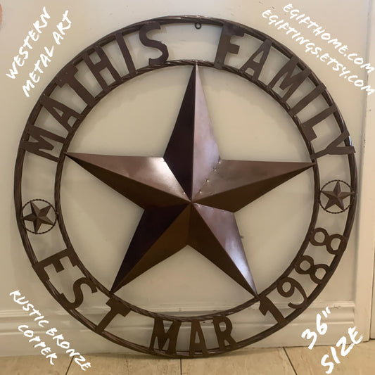 MATHIS STYLE CUSTOM NAME STAR BARN STAR 3d METAL LONESTAR TWISTED ROPE RING WESTERN HOME DECOR RUSTIC BRONZE COPPER HANDMADE 24",32",36",50"
