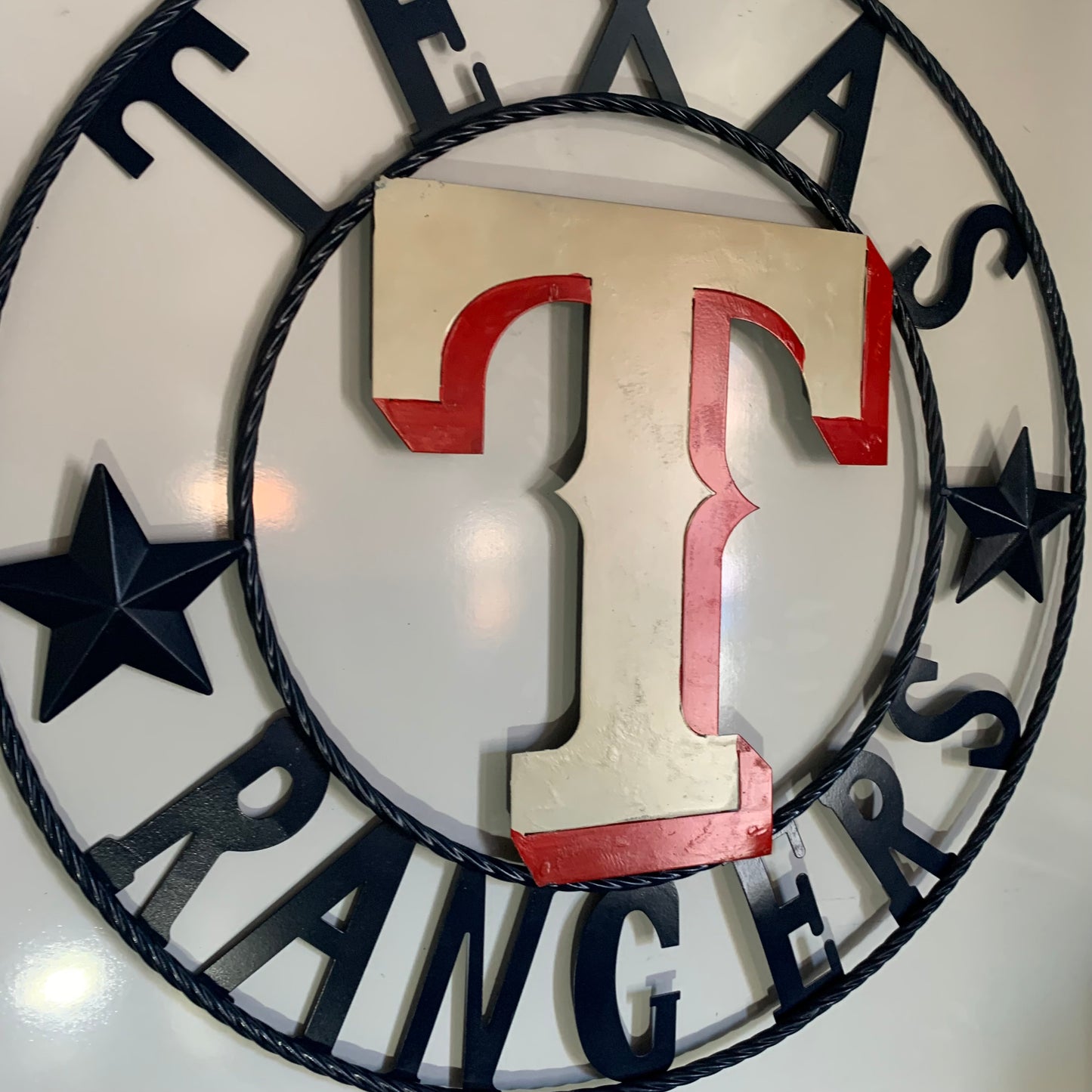 12", 18", 24", 32" TEXAS RANGERS BARN CUSTOM METAL VINTAGE CRAFT SIGN TEAM  WHITE & RED & NAVY BLUE RING & STAR HANDMADE