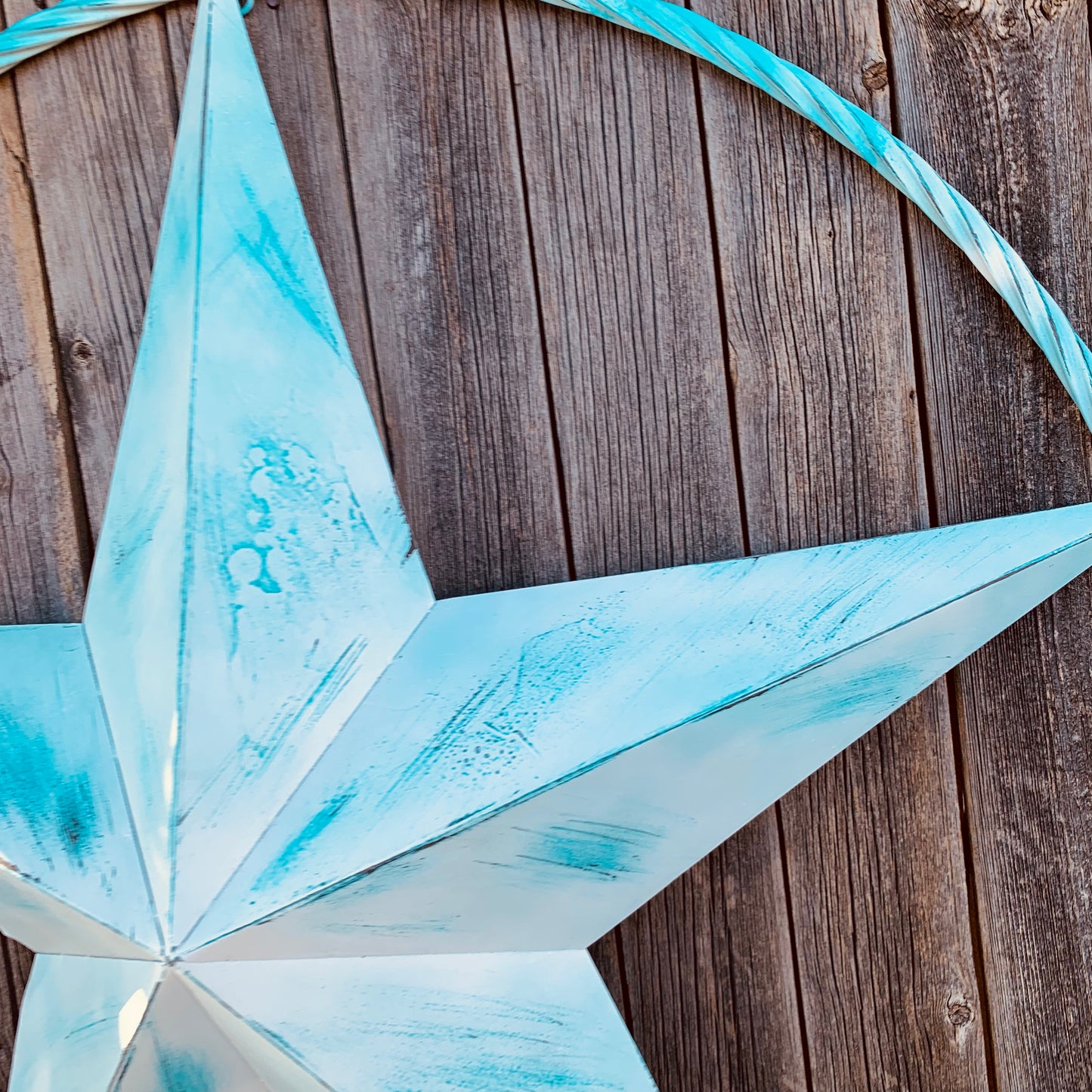 #EH11219 TURQUOISE WHITE DISTRESSED STAR TWO TONE TEXTURE BARN STAR METAL LONESTAR TWISTED ROPE RING WESTERN HOME DECOR HANDMADE NEW