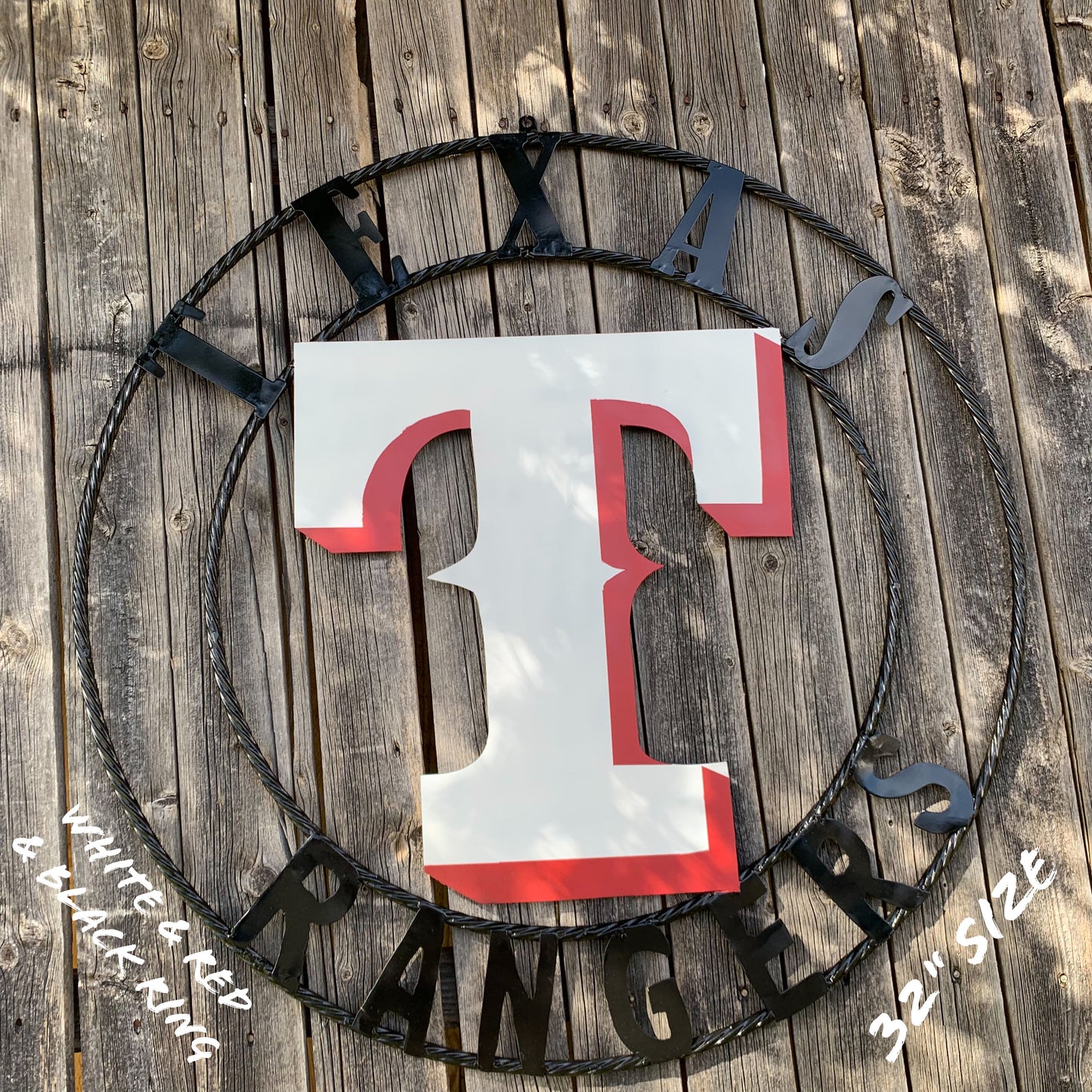 TEXAS RANGERS CUSTOM METAL VINTAGE CRAFT TEAM SIGN WHITE & RED WITH BLACK RING HANDMADE