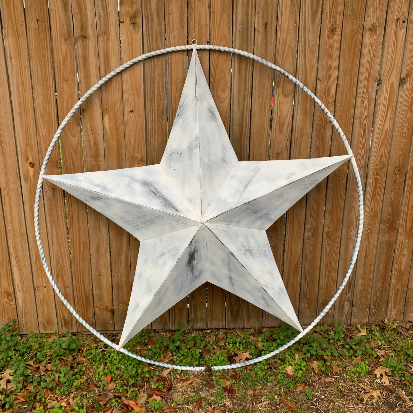 5 FOOT WHITE DISTRESSED STAR TWO TONE TEXTURE BARN STAR METAL LONESTAR TWISTED ROPE RING WESTERN HOME DECOR HANDMADE NEW