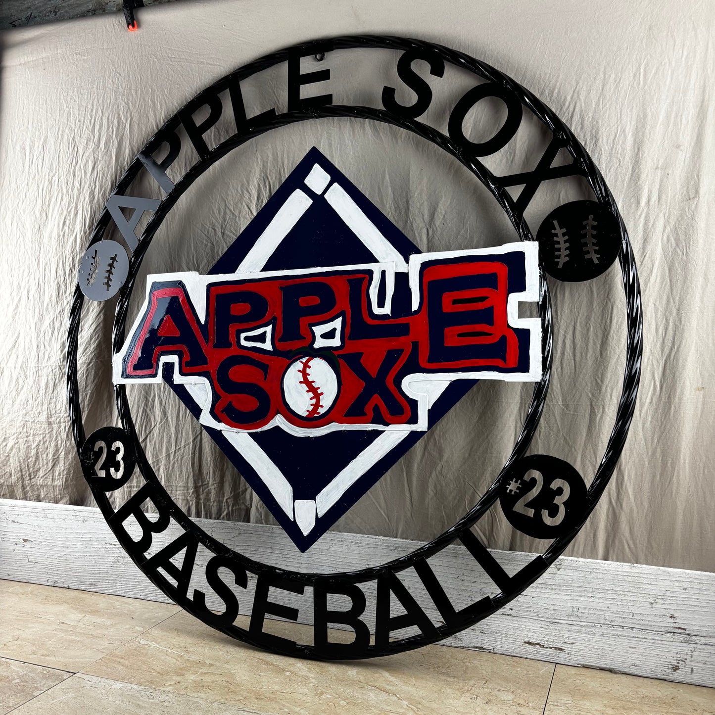 APPLE SOX BASEBALL CUSTOM METAL VINTAGE CRAFT SIGN TEAM NAVY BLUE WHITE RED HANDMADE