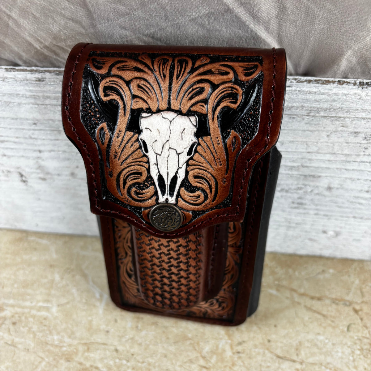 LONGHORN LEATHER HOLSTER 7" PHONE POUCH WITH KNIFE HOLDER FRONT EXTRA LARGE  BELT LOOP CELL PHONE CASE UNIVERSAL OVERSIZE MEXICO MADE #EH13806