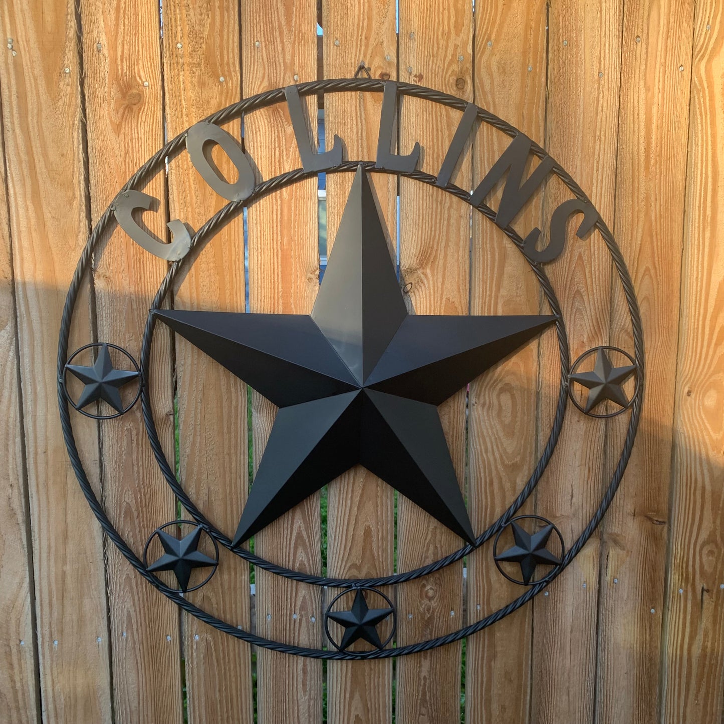 COLLINS STYLE CUSTOM STAR NAME BARN METAL STAR 3d TWISTED ROPE RING WESTERN HOME DECOR RUSTIC BLACK HANDMADE 24",32",36",50"