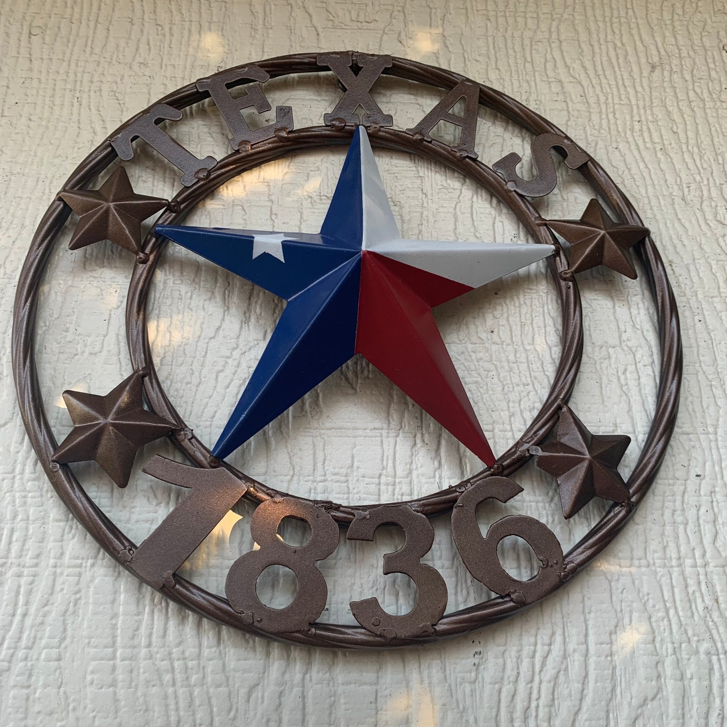 TEXAS FLAG STAR RED WHT BLUE STAR & BRONZE COPPER RING 1836 TEXAS METAL BARN LONE STAR WESTERN HOME DECOR HANDMADE NEW 12",18",24",32",36",50"