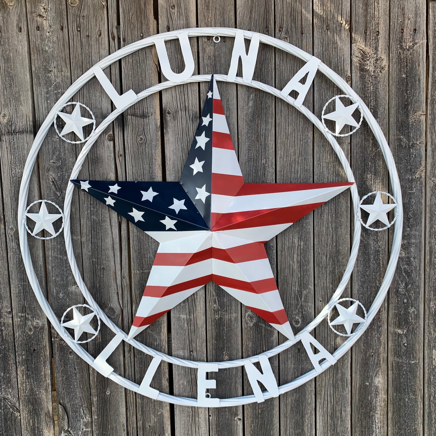 LUNA STYLE CUSTOM NAME BARN STAR METAL STAR 3d TWISTED ROPE RING WESTERN HOME DECOR USA FLAG STAR RED WHOTE & BLUE WITH WHITE RING HANDMADE 24",32",36",50"