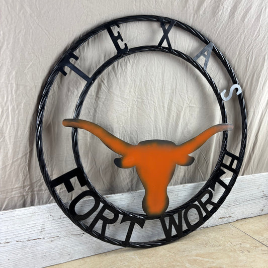 TEXAS FORT WORTH METAL SIGN LONGHORNS ORANGE WESTERN HOME DECOR HANDMADE