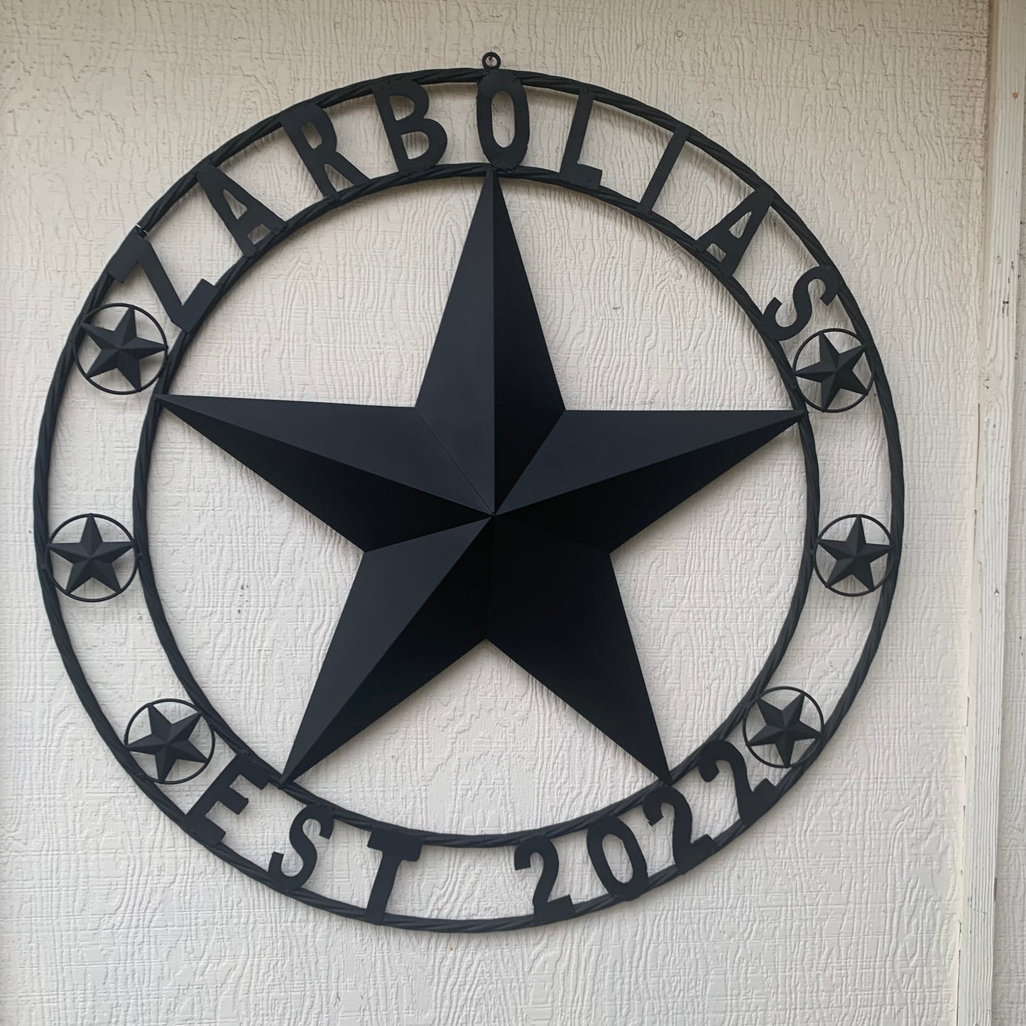 ZARBOLIAS STYLE CUSTOM NAME STAR BARN METAL STAR 3d TWISTED ROPE RING WESTERN HOME DECOR RUSTIC BLACK HANDMADE 24",32",36",50"
