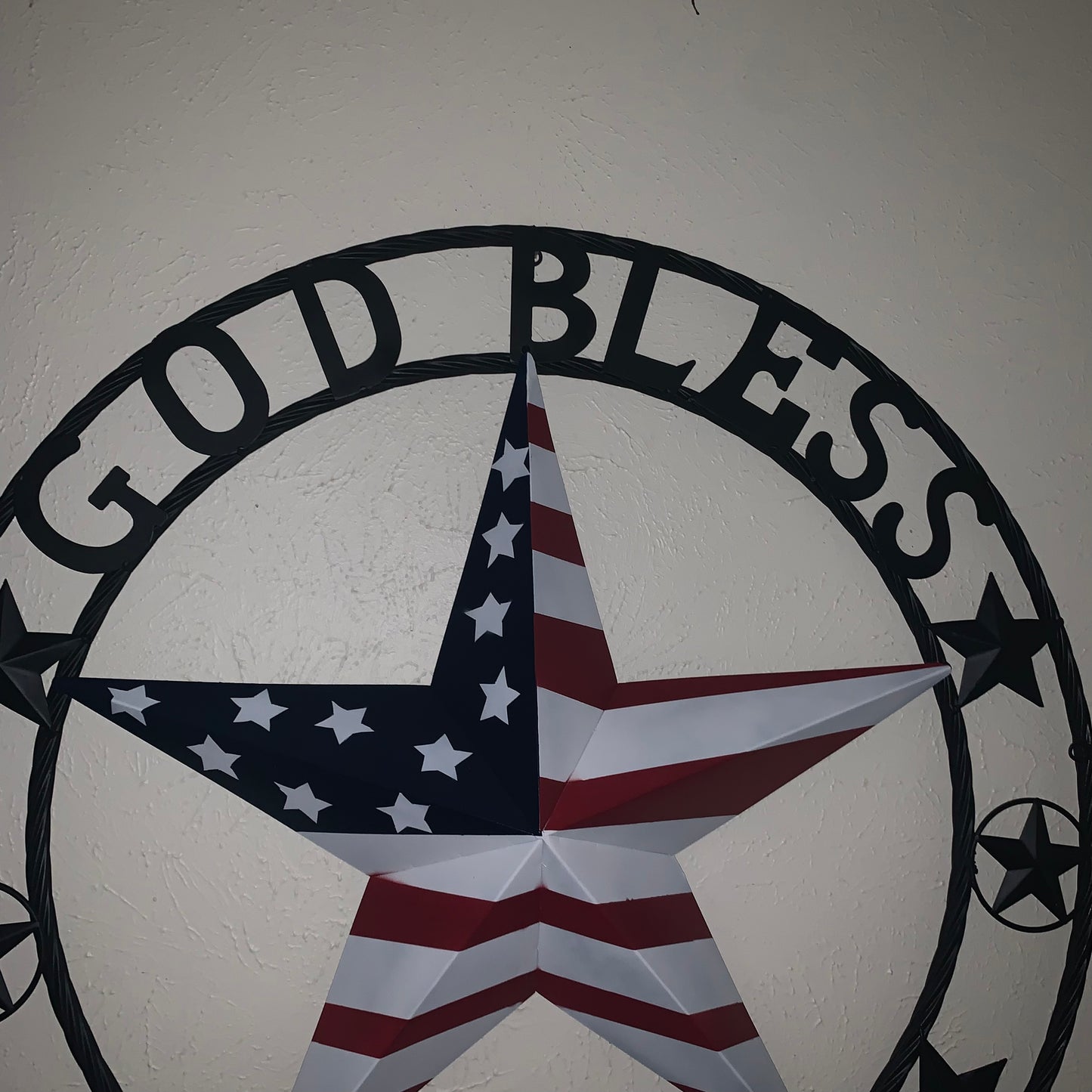 GOD BLESS AMERICA USA FLAG 3d STAR METAL BARN STAR BLACK TWISTED ROPE RING WALL ART WESTERN HOME DECOR RED WHITE & BLUE HANDMADE NEW #EH10490